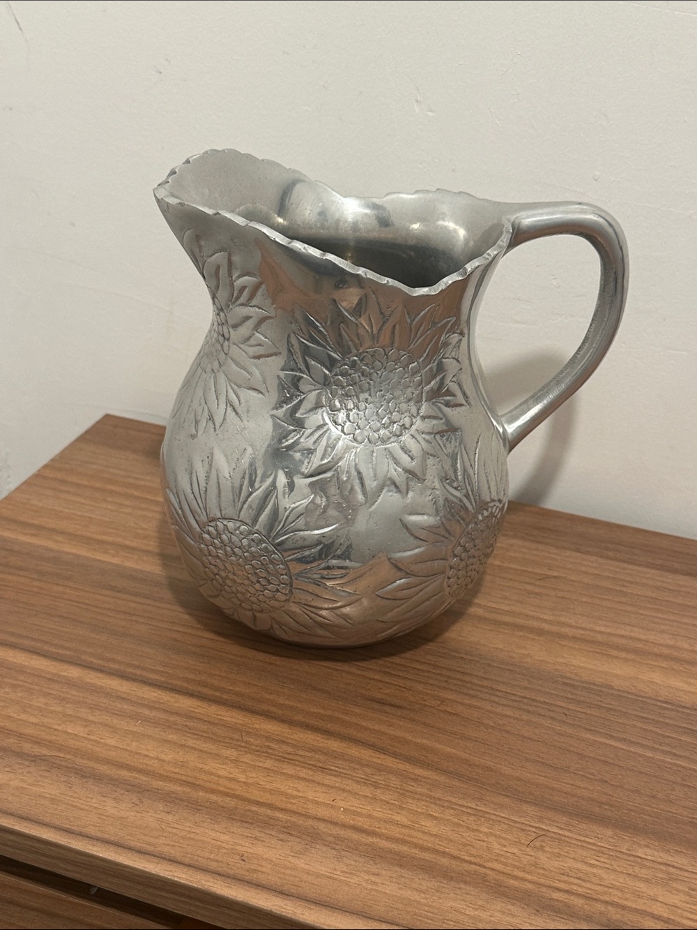 Embossed Sunflower Pitcher - Silver Metal Decorative Vase